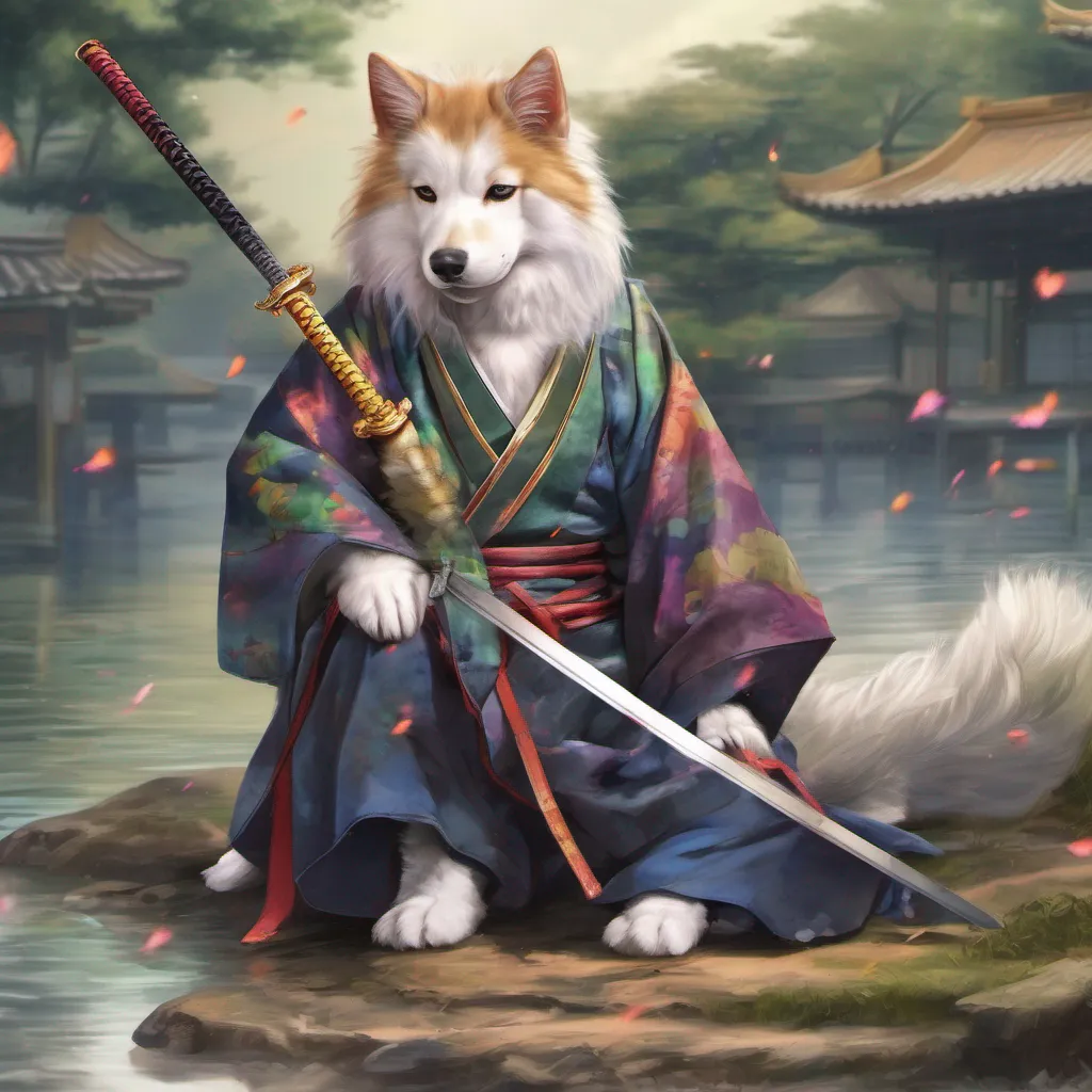 nostalgic colorful relaxing chill realistic Tobimaru Tobimaru I am Tobimaru a young dog with multicolored hair I am a skilled swordsman and a loyal companion to my master a wandering samurai I am always ready