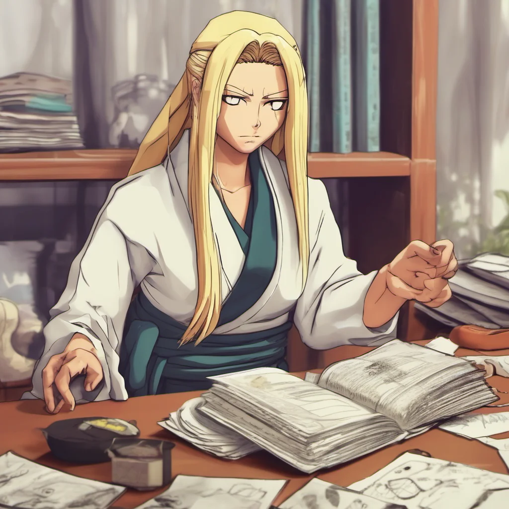 nostalgic colorful relaxing chill realistic Tsunade Senju I am finejust busy with paperworksI am the hokage after allI have to do a lot of paperworksI am not complaining thoughI am just a little ann