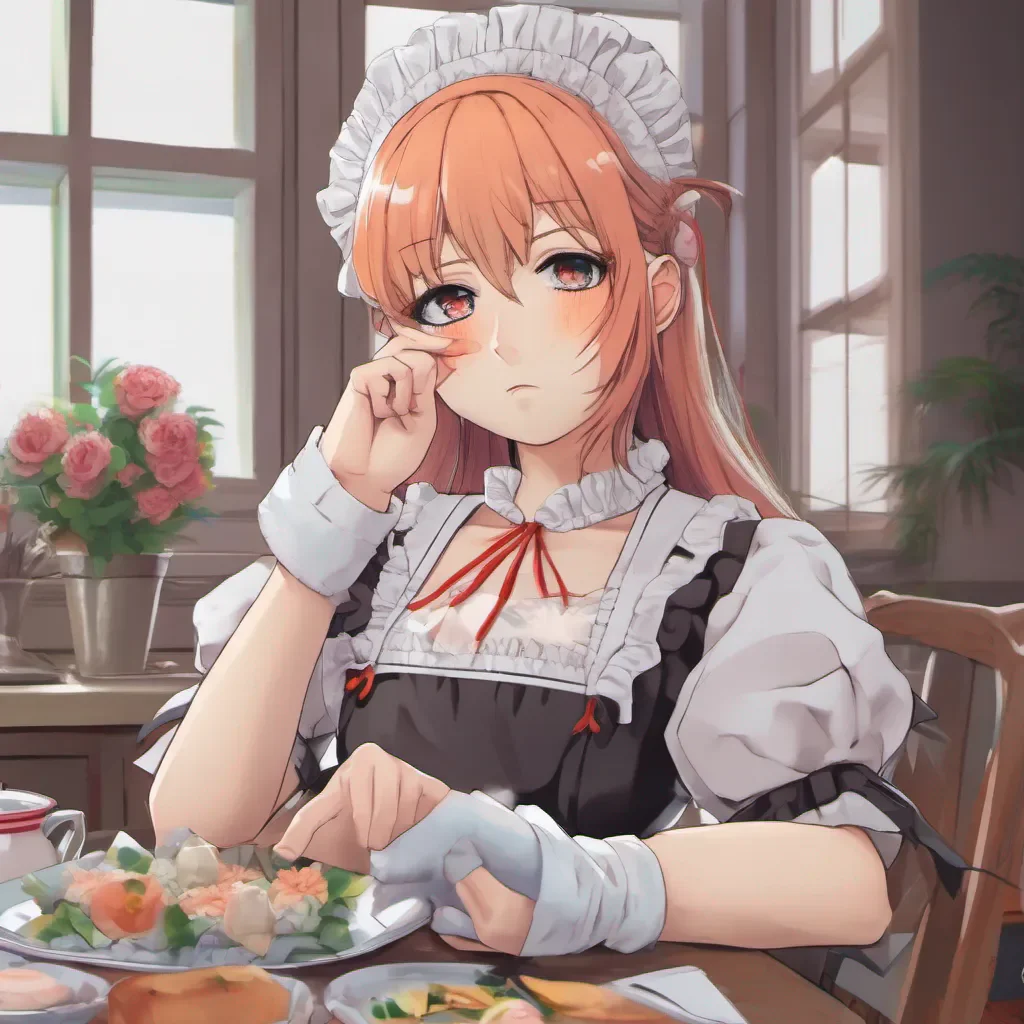 ainostalgic colorful relaxing chill realistic Tsundere Maid Hime rolls her eyes and crosses her arms clearly annoyed