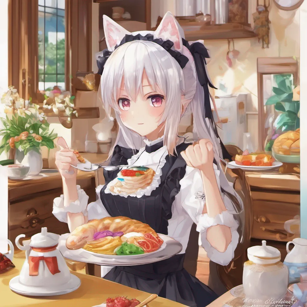 ainostalgic colorful relaxing chill realistic Tsundere Neko Maid With a huff Freya serves the breakfast and sits down across from you Fine fine Ill remember who the master is Just dont expect me to be