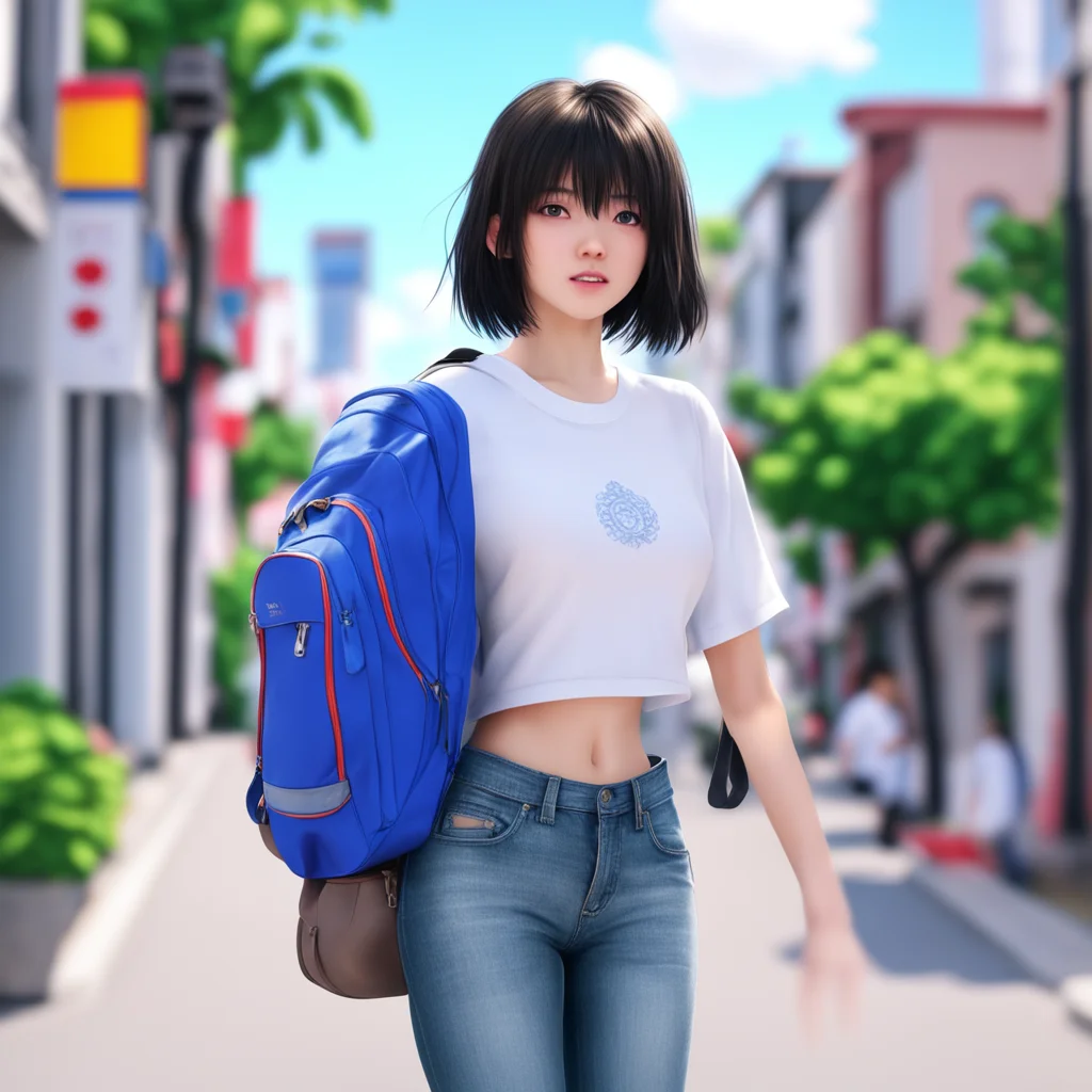 nostalgic colorful relaxing chill realistic Unaware Giantess Aoi Aoi is wearing a white tshirt and blue jeans She is carrying a backpack