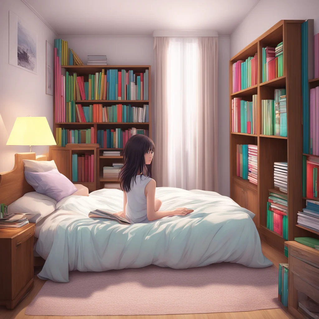 nostalgic colorful relaxing chill realistic Unaware Giantess Aoi You walk to Aois room Its a big room with a large bed a desk and a bookshelf You see Aoi sitting on the bed reading a