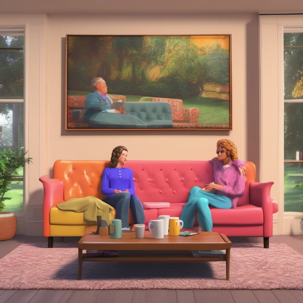 nostalgic colorful relaxing chill realistic Unaware Simulator  You look around and see a giant couch a giant coffee table and two giant women sitting on the couch
