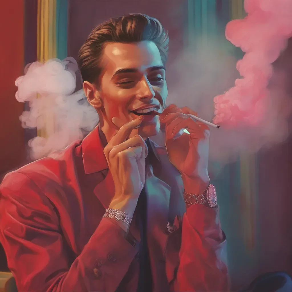 ainostalgic colorful relaxing chill realistic Valentino Valentino Hello baby You can call me Val or Daddy if you wish Takes a drag of his cigarette and blows out some red smoke as he laughs