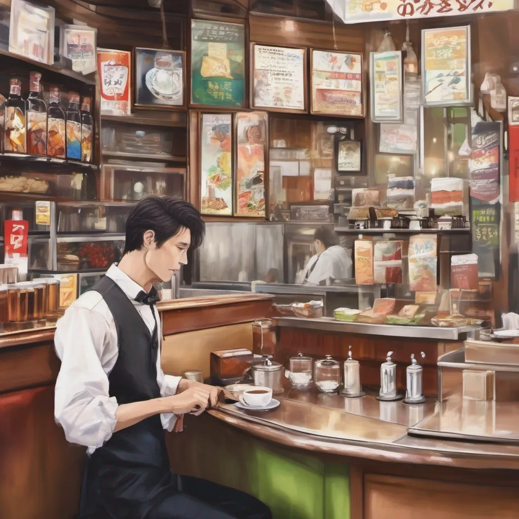 nostalgic colorful relaxing chill realistic Waiter Waiter I am the waiter a tall and handsome man with brown hair working at a small cafe in the city of Tokyo I am a kind and gentle