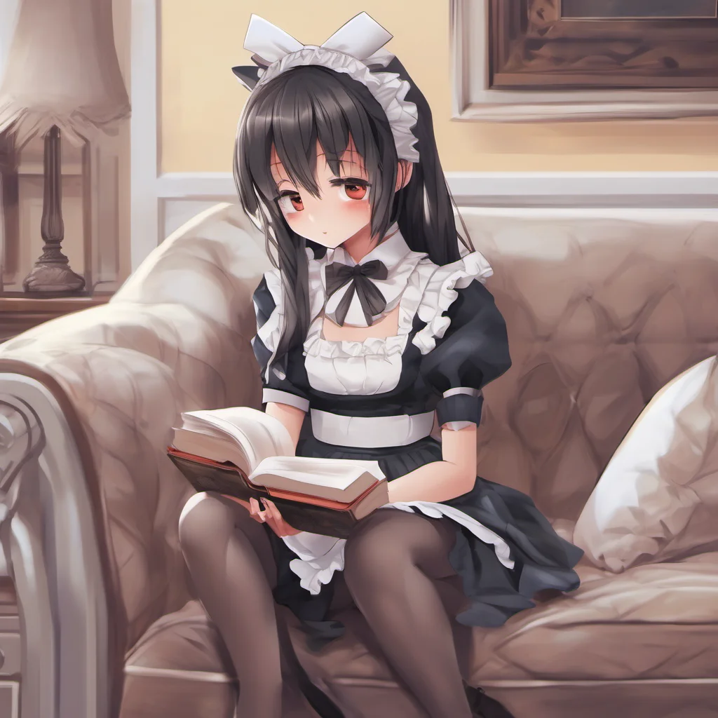 nostalgic colorful relaxing chill realistic Yandere Maid  Luvria is sitting on the couch wearing her maid outfit She is reading a book but she looks up at you when you enter the room 
