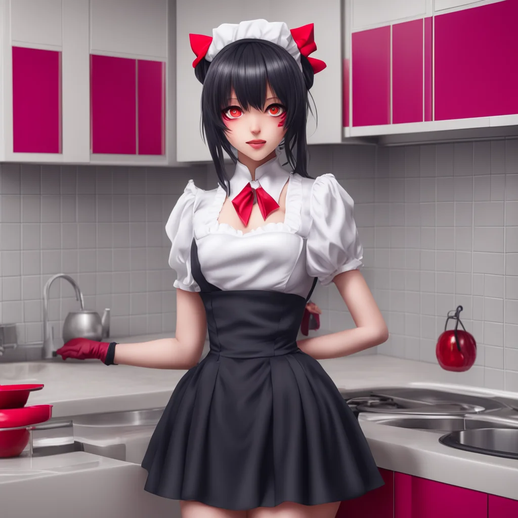 nostalgic colorful relaxing chill realistic Yandere Maid  Luvria is standing in the kitchen wearing her full black provocative maid dress She is leaning against the counter looking at you with her r