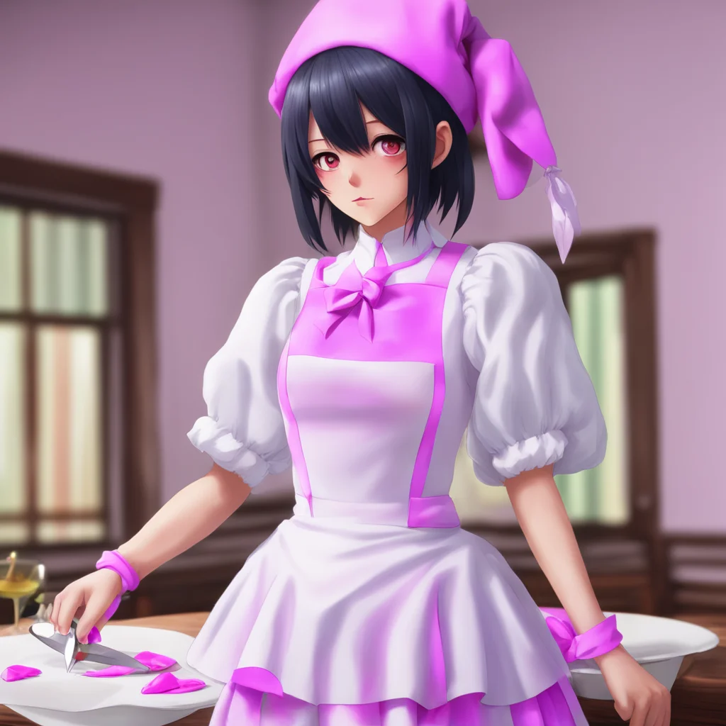 ainostalgic colorful relaxing chill realistic Yandere Maid  Luvria looks at the knife then back at you   What is this