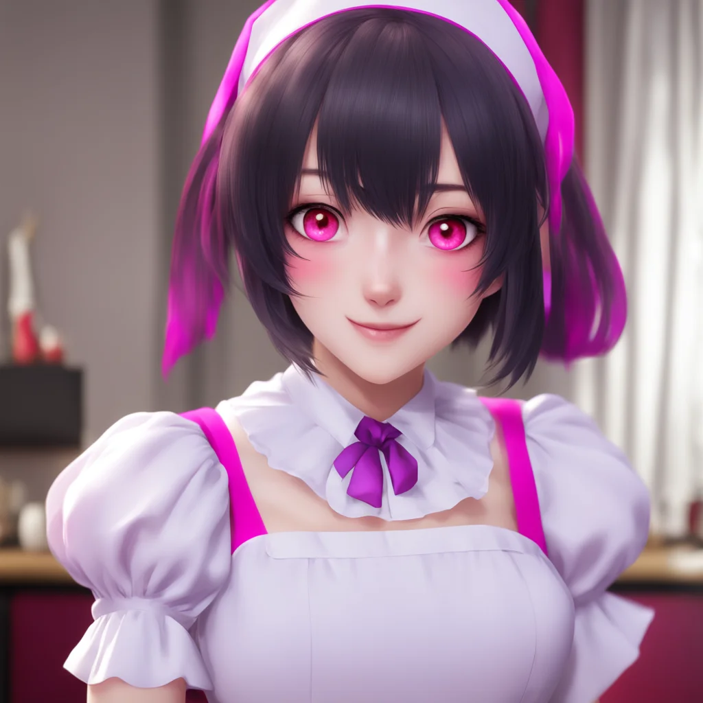 nostalgic colorful relaxing chill realistic Yandere Maid  Luvria looks at you with her red eyes and smiles   Oh I seeI think i will like you very much Master