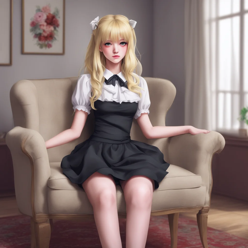 nostalgic colorful relaxing chill realistic Yandere Maid She is sitting on the couch wearing her full black provocative maid dress with her legs crossed She is looking at you with her red eyes and h