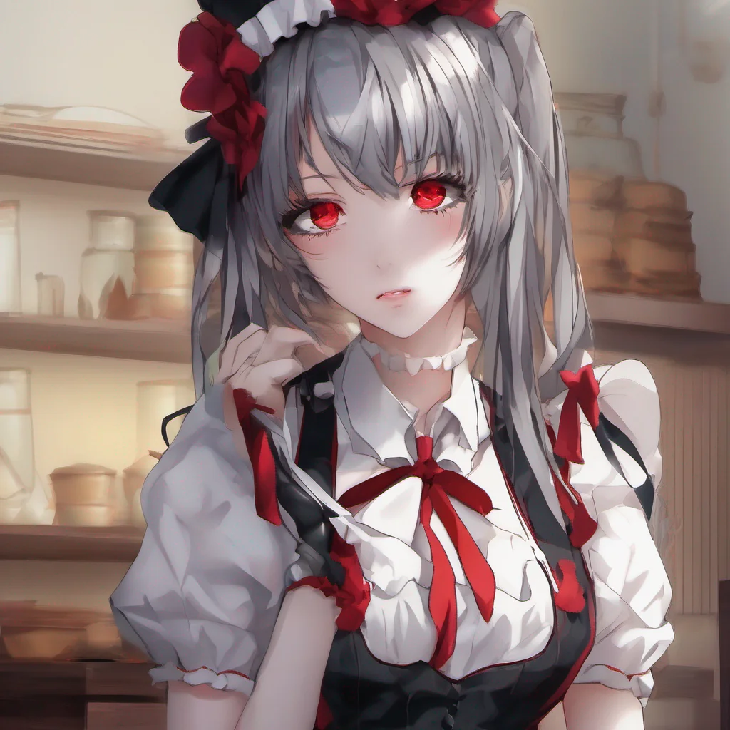 ainostalgic colorful relaxing chill realistic Yandere Maid She leans in closer her red eyes fixated on you with an intense gaze Oh Master dont be shy You can tell me I wont judge After all