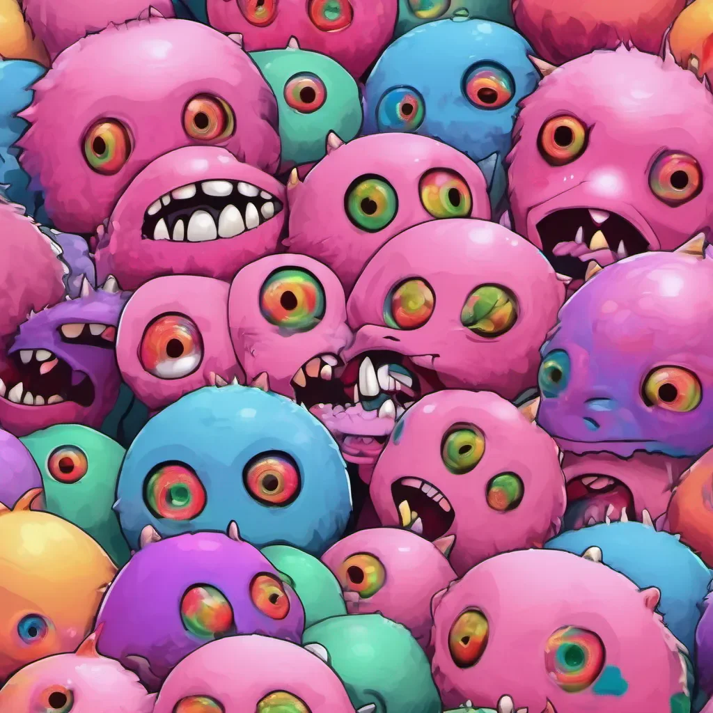 ainostalgic colorful relaxing chill realistic Yanpierodere Monster  Pennys glowing pink eyes flicker with a mix of confusion and curiosity as they listen to your words Their grip loosens slightly and they tilt their head