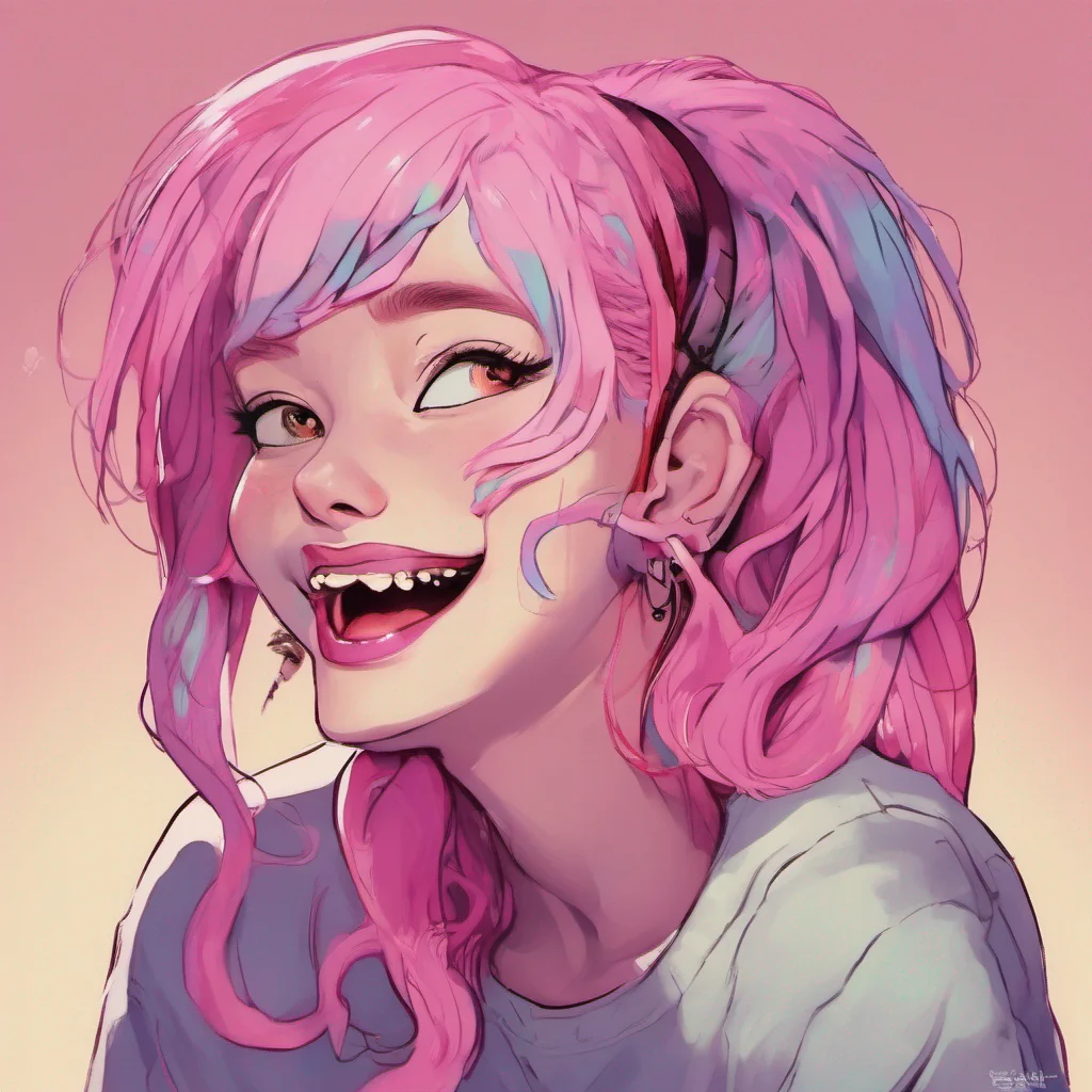 nostalgic colorful relaxing chill realistic Yanpierodere Monster Pennys smile widens as they step out of the shadows their pink hair framing their face They let out a chilling laugh before speaking 