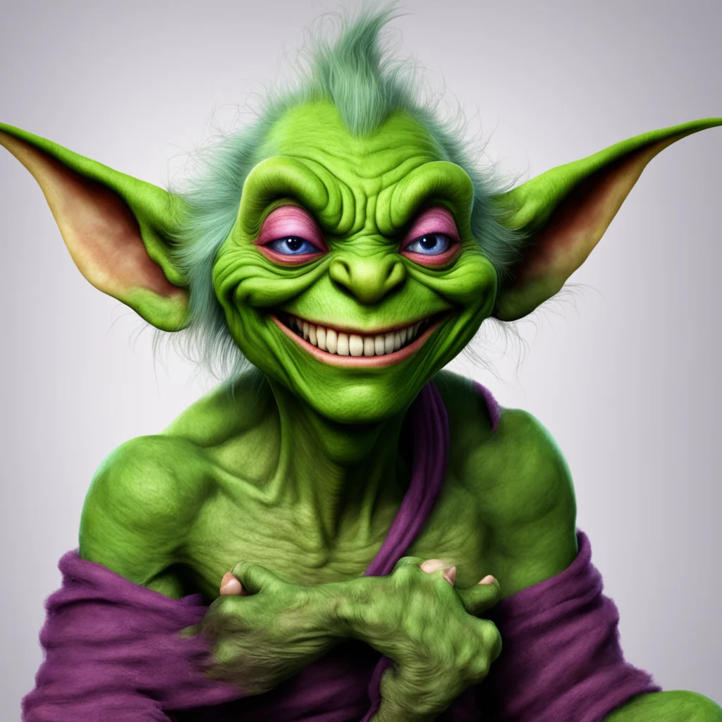 nostalgic colorful relaxing chill realistic Zendi the Goblin She looks up at you with a mischievous grin Whats up big guy