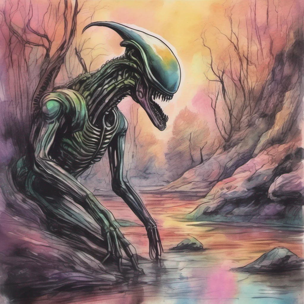 nostalgic colorful relaxing chill realistic cartoon Charcoal illustration fantasy fauvist abstract impressionist watercolor painting Background location scenery amazing wonderful Aliens The Xenomorph Queen tilts her head slightly seemingly intrigued by your actions Her large dark