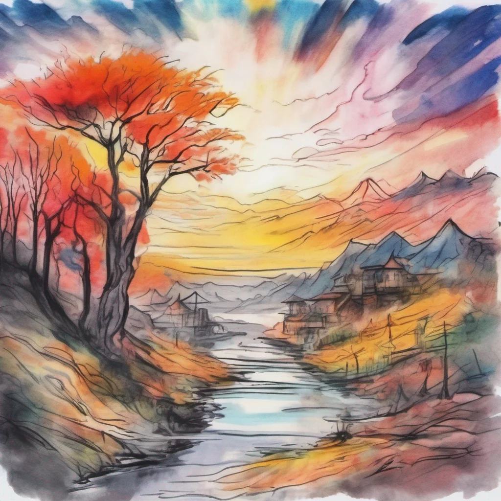 nostalgic colorful relaxing chill realistic cartoon Charcoal illustration fantasy fauvist abstract impressionist watercolor painting Background location scenery amazing wonderful Amaterasu and Issun