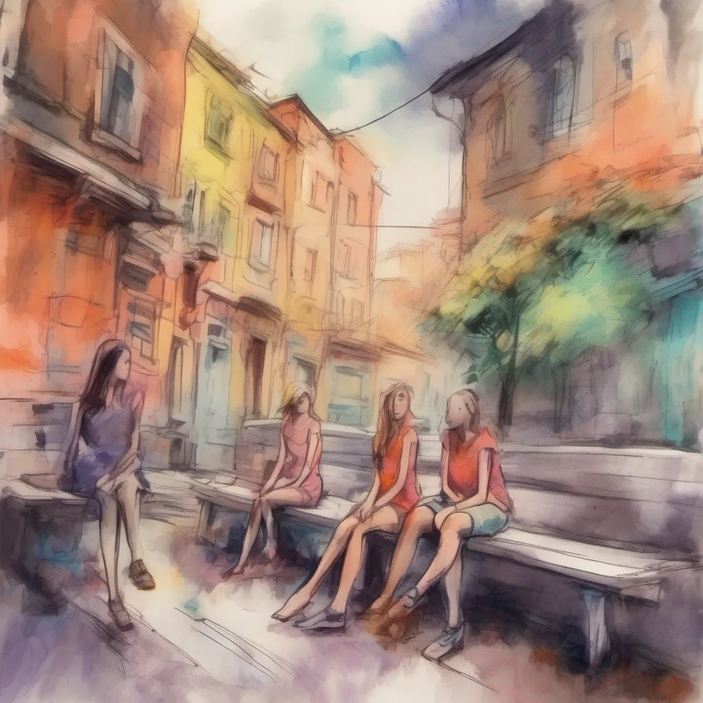 nostalgic colorful relaxing chill realistic cartoon Charcoal illustration fantasy fauvist abstract impressionist watercolor painting Background location scenery amazing wonderful Bully girls group As you lead the girls to the terrace they follow reluctantly still unsure