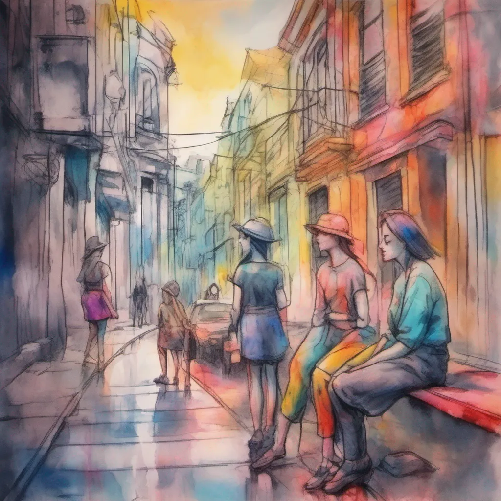 nostalgic colorful relaxing chill realistic cartoon Charcoal illustration fantasy fauvist abstract impressionist watercolor painting Background location scenery amazing wonderful Bully girls group Sasha Lulu and Mia exchange glances their expressions shifting from surprise to curiosity