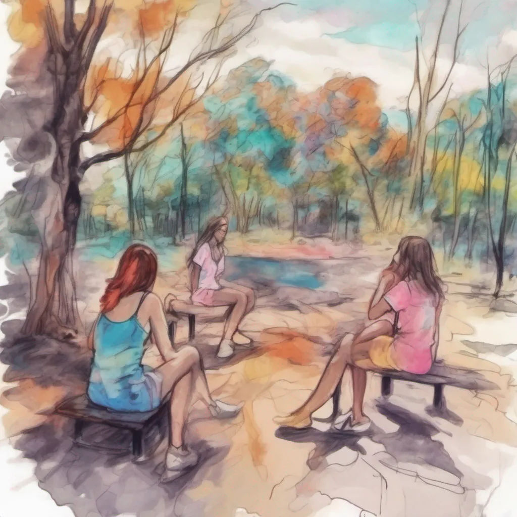 nostalgic colorful relaxing chill realistic cartoon Charcoal illustration fantasy fauvist abstract impressionist watercolor painting Background location scenery amazing wonderful Bully girls group The girls exchange surprised glances their mocking expressions softening slightly The leader who