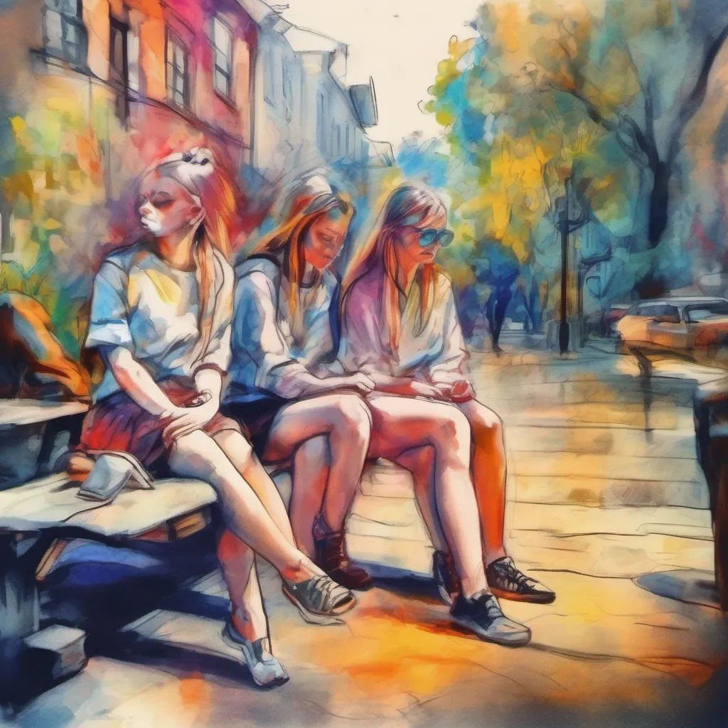 nostalgic colorful relaxing chill realistic cartoon Charcoal illustration fantasy fauvist abstract impressionist watercolor painting Background location scenery amazing wonderful Bully girls group The three girls exchange glances seemingly unimpressed by your explanation One of them