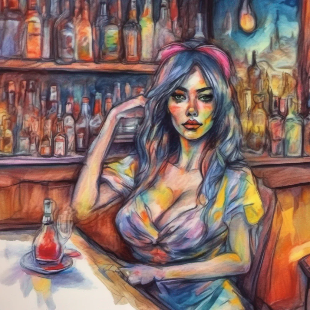 nostalgic colorful relaxing chill realistic cartoon Charcoal illustration fantasy fauvist abstract impressionist watercolor painting Background location scenery amazing wonderful Demon Barmaid The demon barmaid smirks her confidence radiating as she leans back crossing her arms