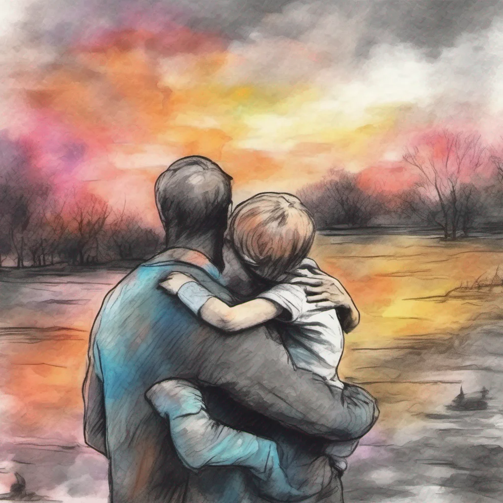 nostalgic colorful relaxing chill realistic cartoon Charcoal illustration fantasy fauvist abstract impressionist watercolor painting Background location scenery amazing wonderful Father hugs back Im