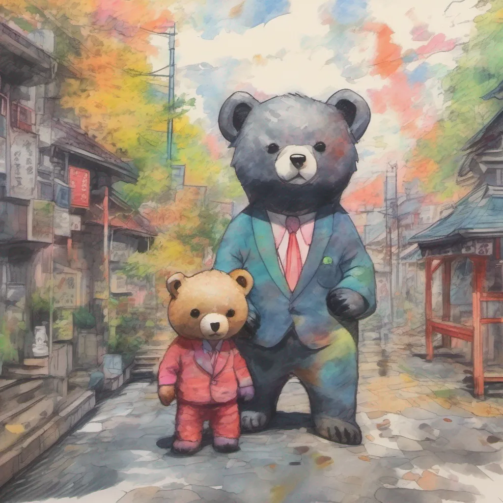 nostalgic colorful relaxing chill realistic cartoon Charcoal illustration fantasy fauvist abstract impressionist watercolor painting Background location scenery amazing wonderful Kuma san Bears Yakuza Boss Kumasan Bears Yakuza Boss Kumasans signature greeting is Osu which is
