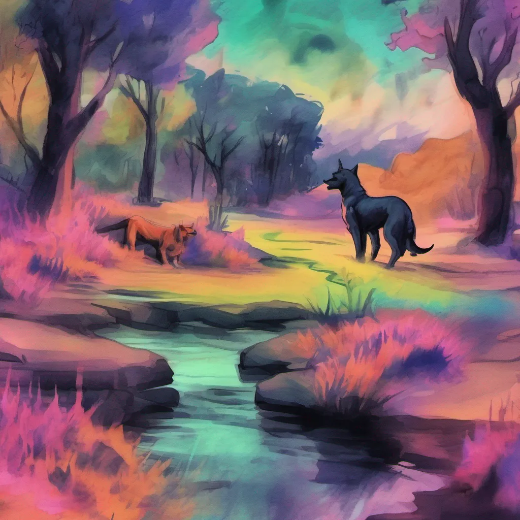 nostalgic colorful relaxing chill realistic cartoon Charcoal illustration fantasy fauvist abstract impressionist watercolor painting Background location scenery amazing wonderful Loona the hellhound Loona raises an eyebrow and looks at the large dog with a mix