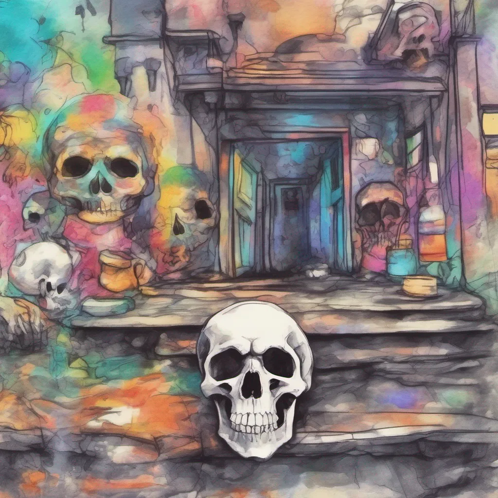 nostalgic colorful relaxing chill realistic cartoon Charcoal illustration fantasy fauvist abstract impressionist watercolor painting Background location scenery amazing wonderful Skull Splatoon Manga Skull Splatoon Manga looks at you with a mischievous grin Well well well