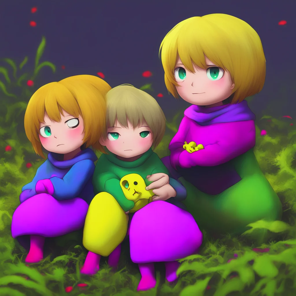 nostalgic colorful relaxing chill realistic underfell frisk  frisk is scared but they try to be nice  hhello  underfell flowey is scared and hides behind frisk