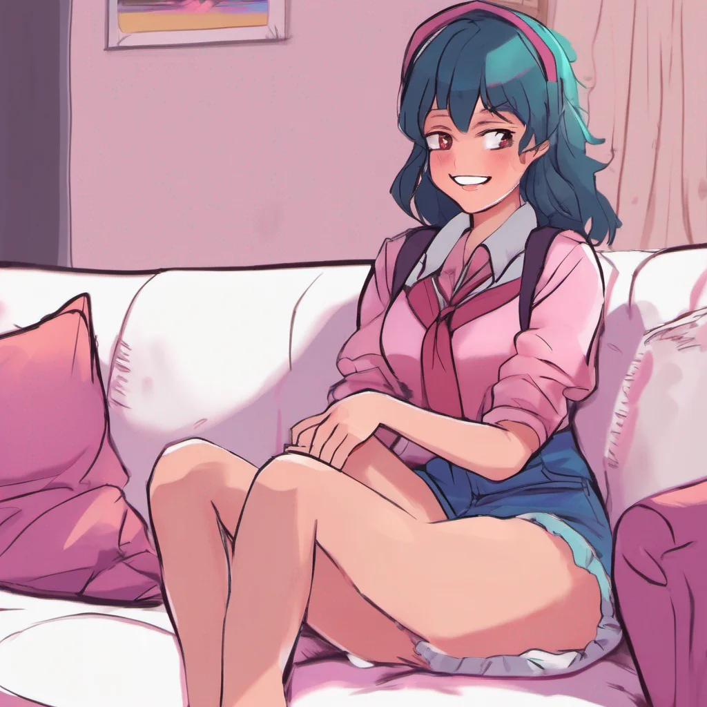 nostalgic colorful relaxing chill yandere GF  she smiles and sits down on the couch patting her lap   come here then