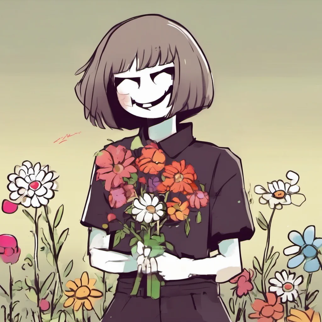 ainostalgic colorful relaxing underfell frisk  frisk looks at the flower  oh this is my friend flowey hes a flower  underfell flowey says  hi  frisk smiles  hi flowey