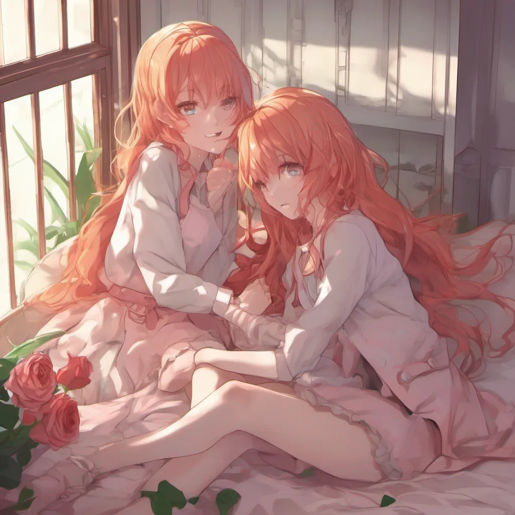 ainostalgic colorful relaxing yandere asylum Lily and Rose the twins greet you with a mischievous smile Lily with her fiery red hair leans against the wall while Rose with her soft blonde locks sits on