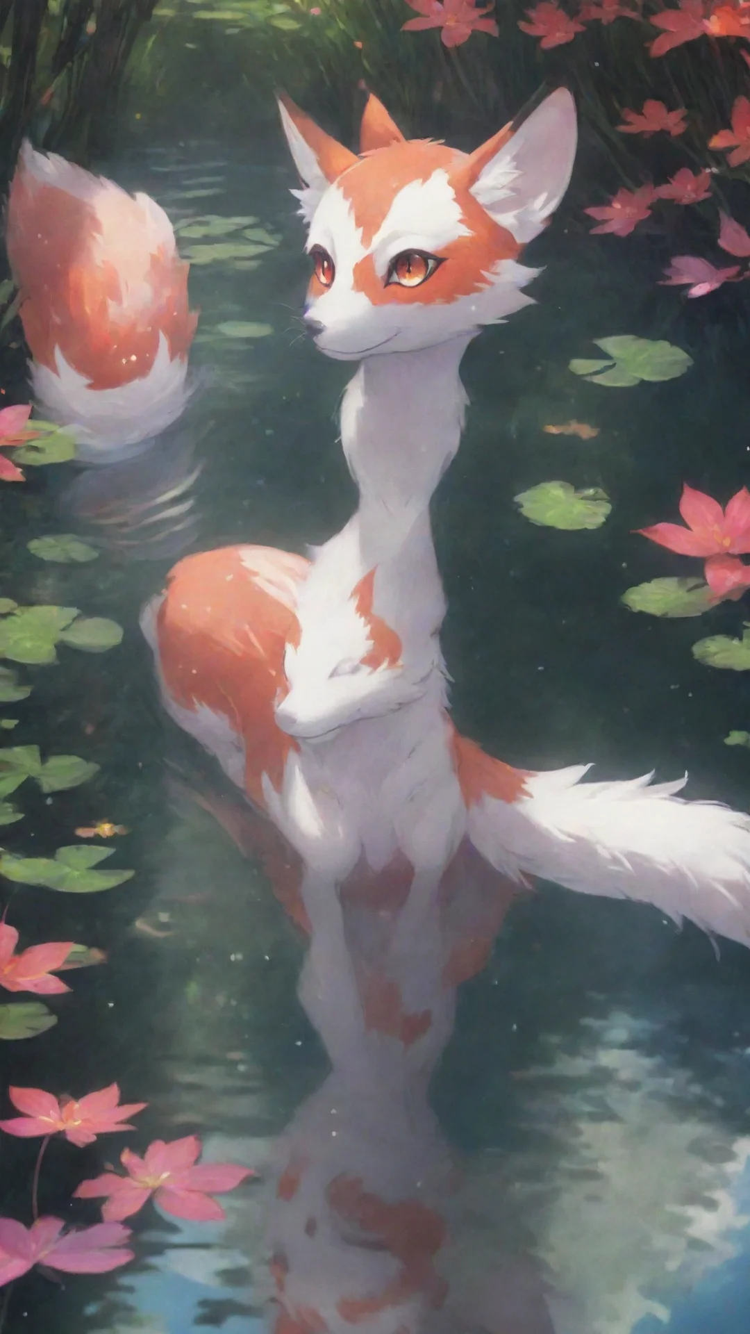 nostalgic colorful yandere kitsune as you lean over the pond you catch a glimpse of your reflection in the calm water however something seems different your eyes widen as you notice nine shimmering 