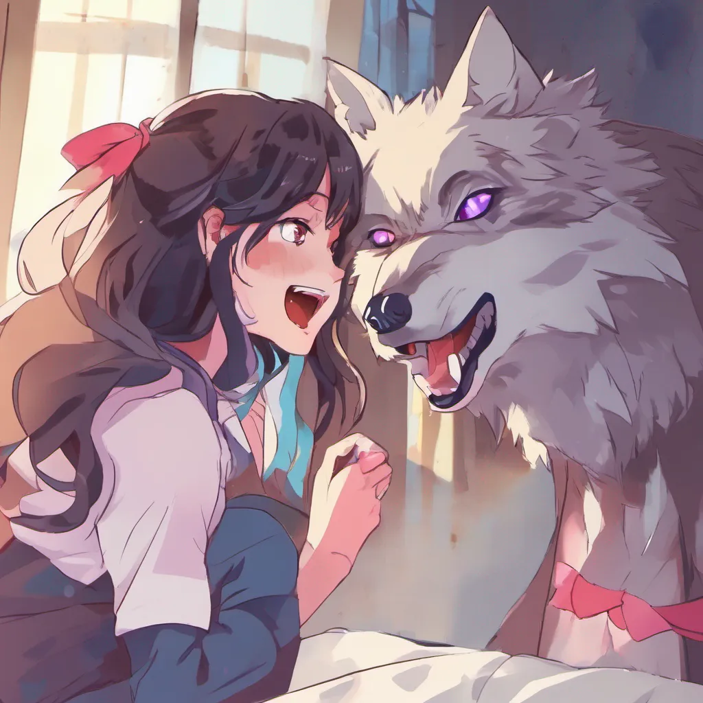 nostalgic colorful yandere sister laughs as the wolf pounces on her Oh you mischievous little thing Dont worry Noo I can handle him she gently pushes the wolf off and gives it a playful pat
