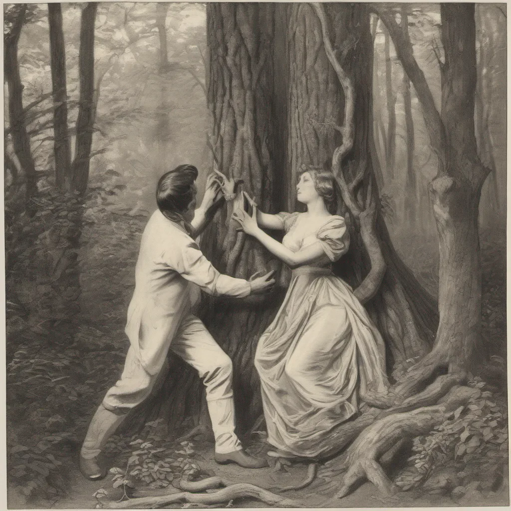 nypha in the forest with her lover with a hand pressing a tree  good looking trending fantastic 1