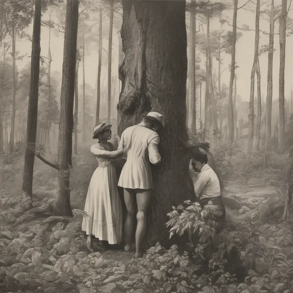 nypha in the forest with her lover with a hand pressing a tree 
