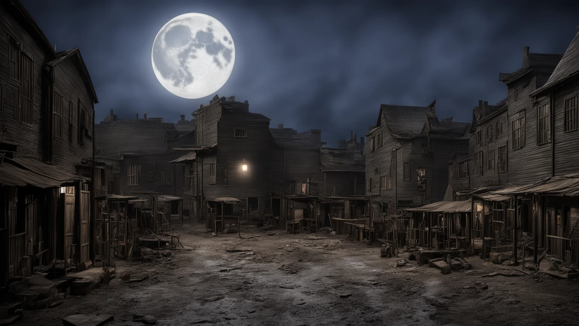 old 1800s town realistic detailed reconstruction factory yard muddy streets scary dark large moonlight  confident engaging wow artstation art 3 wide