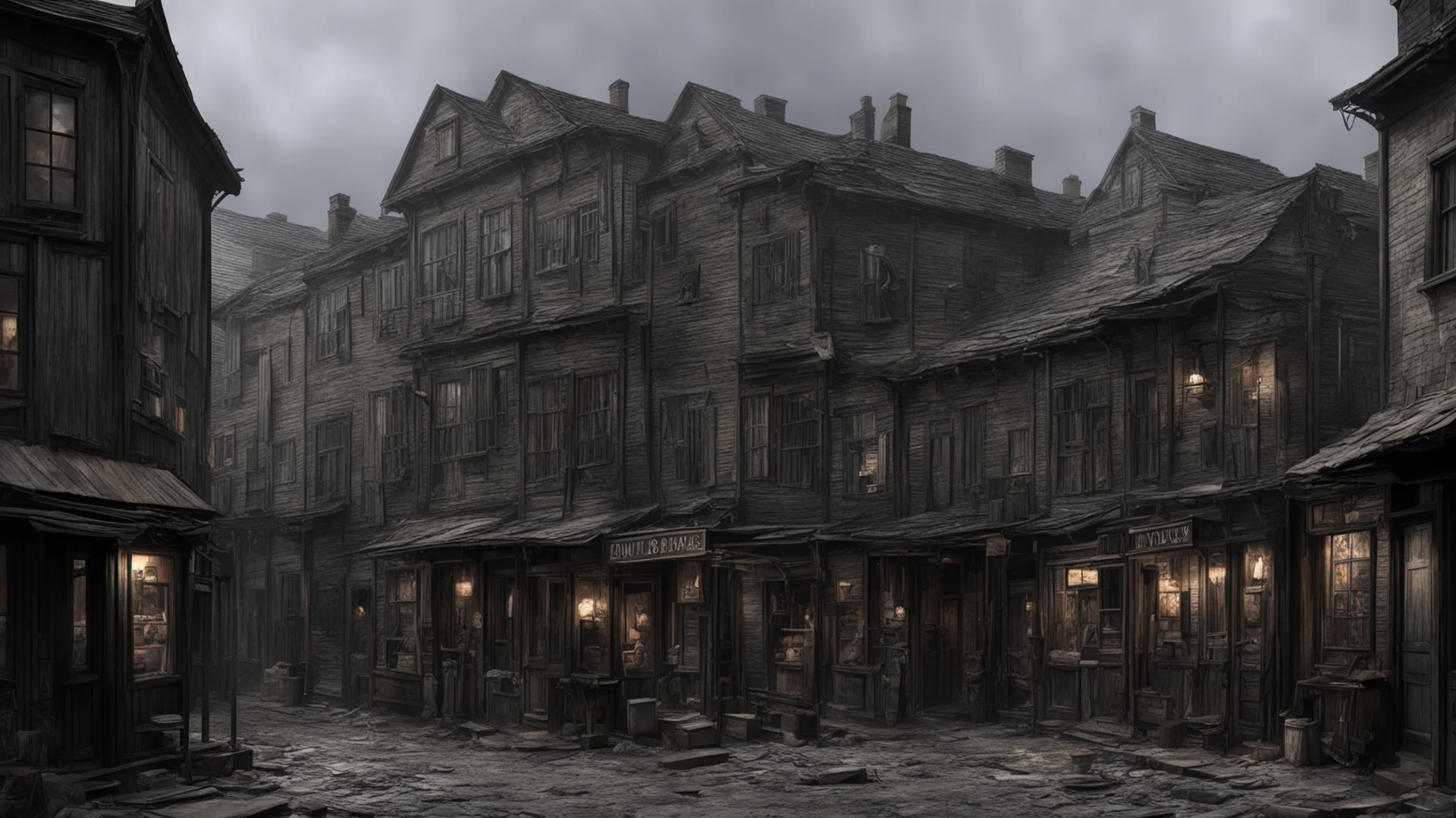 aiold 1800s town realistic detailed reconstruction shops muddy streets scary dark aesthetic gritty good looking trending fantastic 1 wide