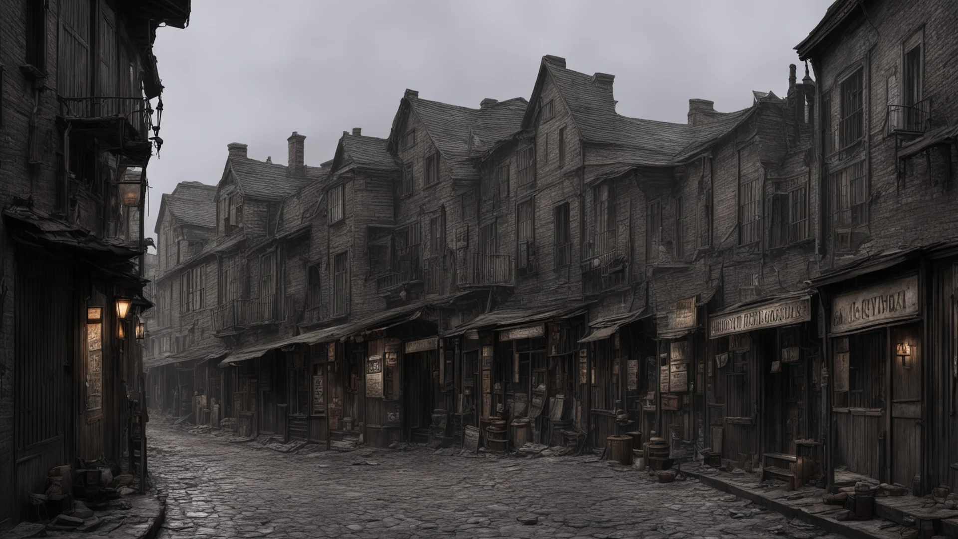 aiold 1800s town realistic detailed reconstruction shops muddy streets scary dark aesthetic gritty wide