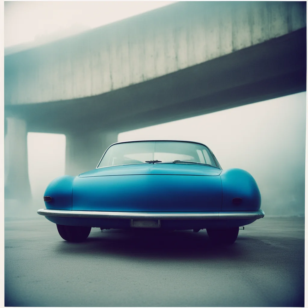 old aerodynamic mysterious blue car at an empty foggy parking under a bridge   uncanny polaroid amazing awesome portrait 2