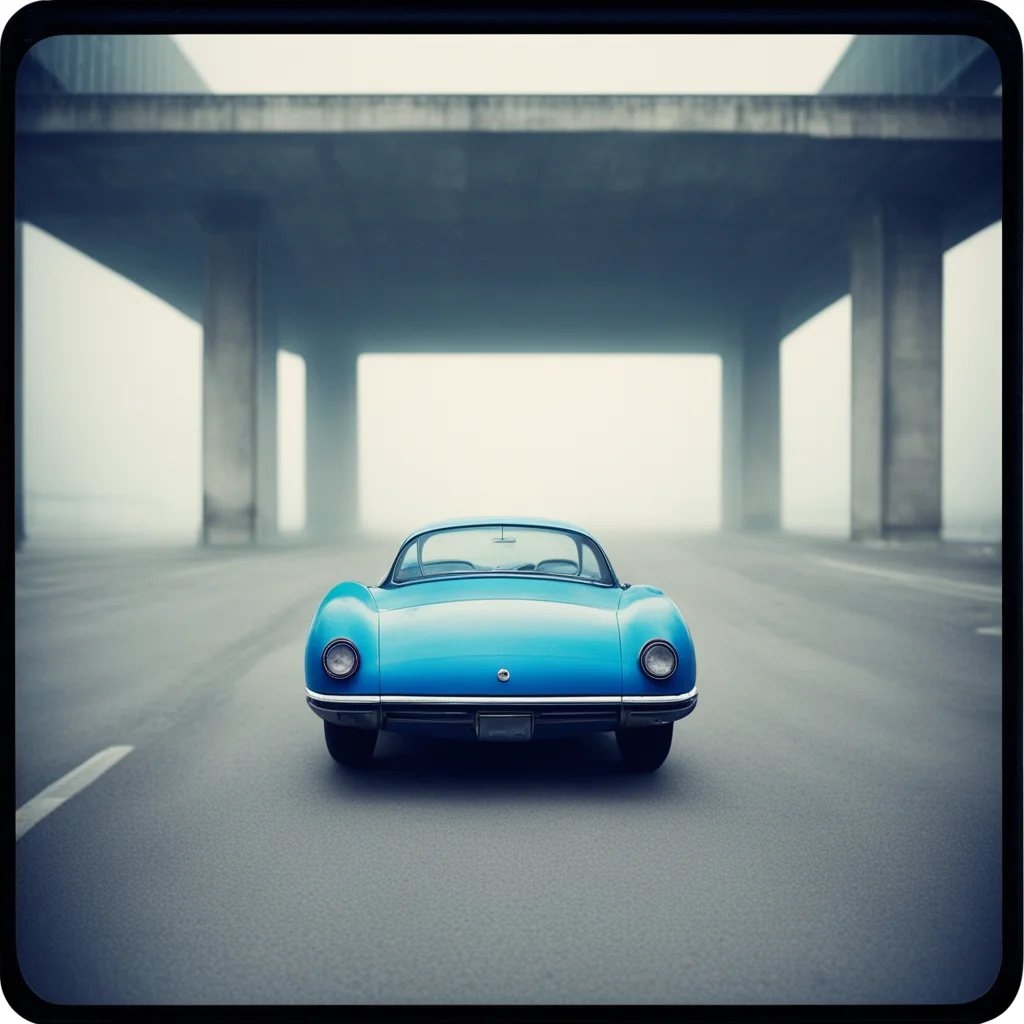 old aerodynamic mysterious blue car at an empty foggy parking under a bridge   uncanny polaroid confident engaging wow artstation art 3