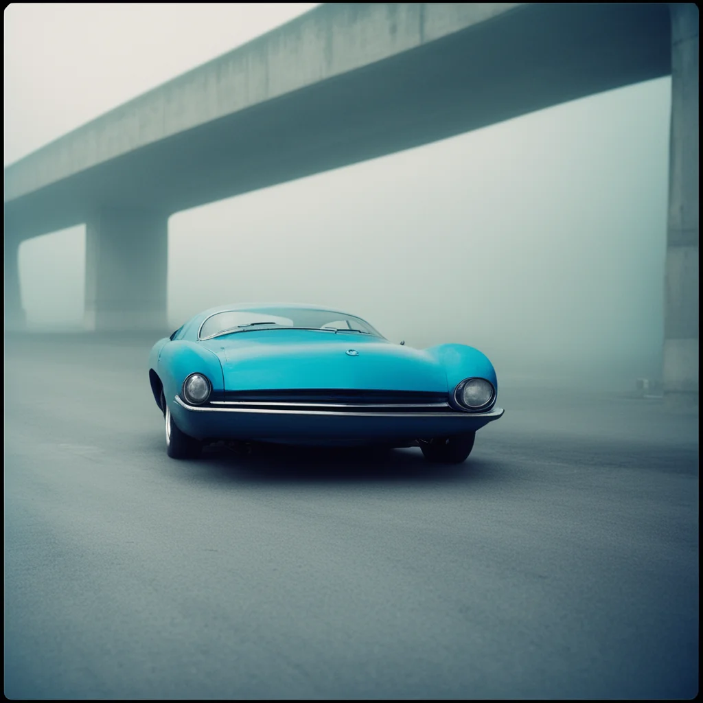 old aerodynamic mysterious blue car at an empty foggy parking under a bridge   uncanny polaroid good looking trending fantastic 1