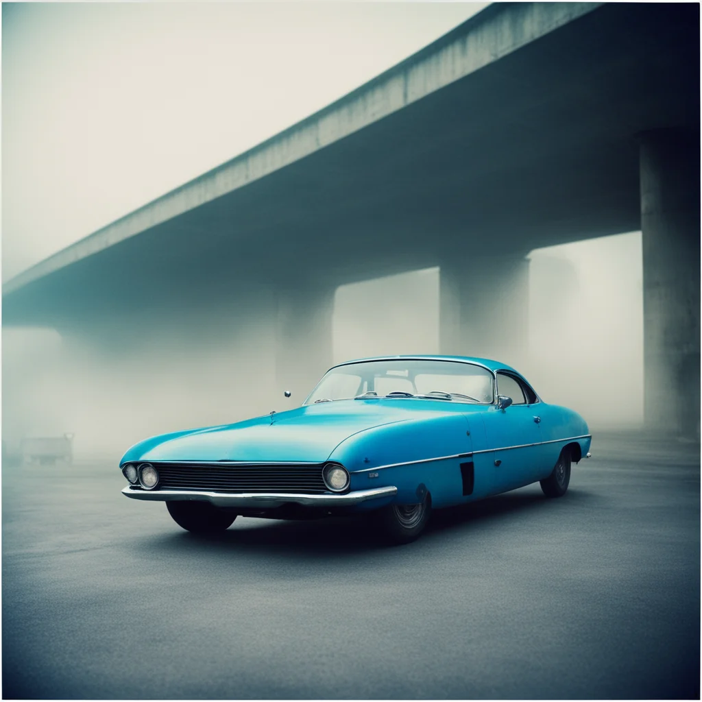 old aerodynamic mysterious blue car at an empty foggy parking under a bridge   uncanny polaroid