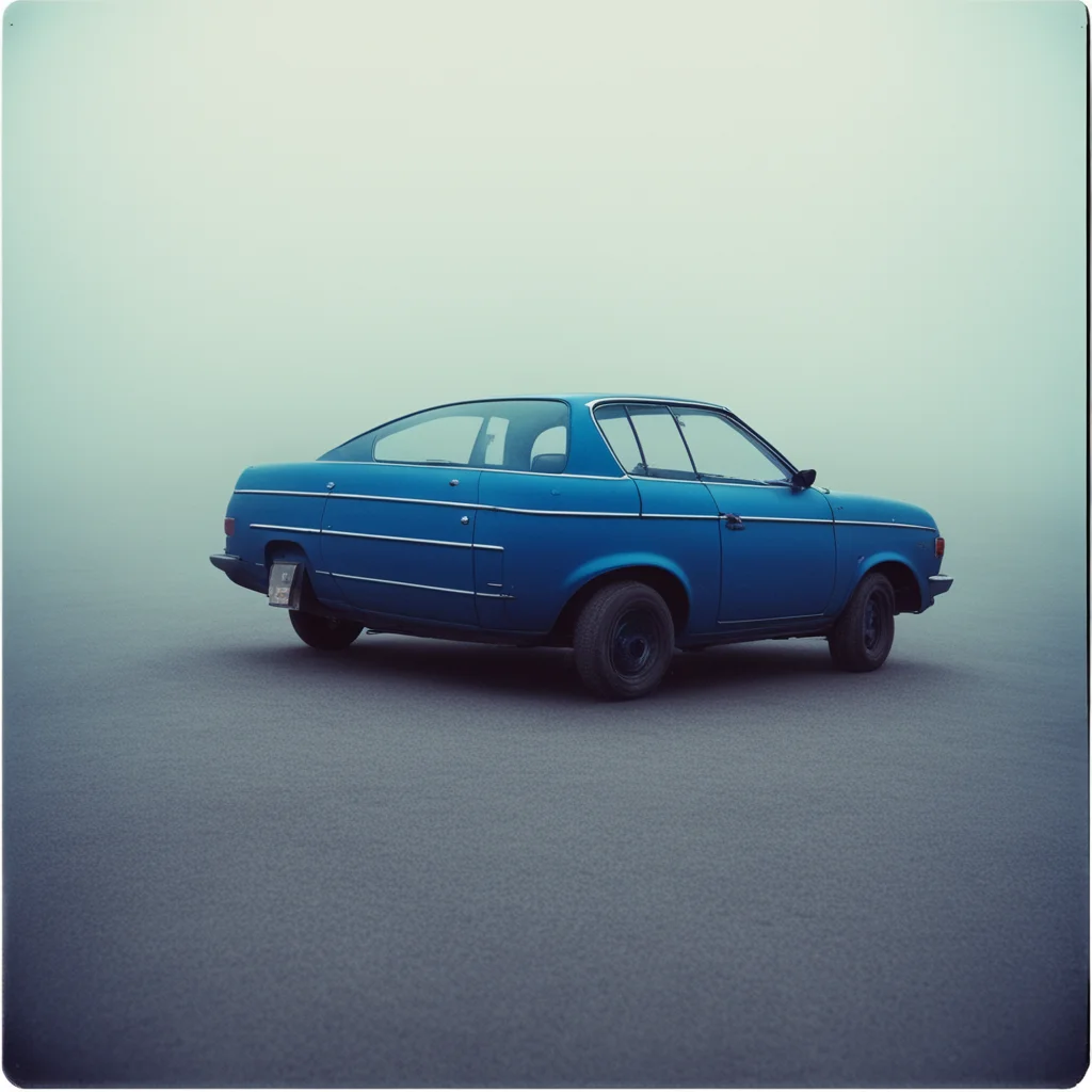old blue nissan sunny at an empty foggy parking   uncanny polaroid amazing awesome portrait 2