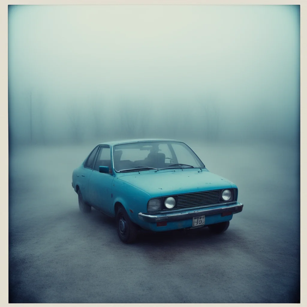 old blue nissan sunny at an empty foggy parking   uncanny polaroid good looking trending fantastic 1