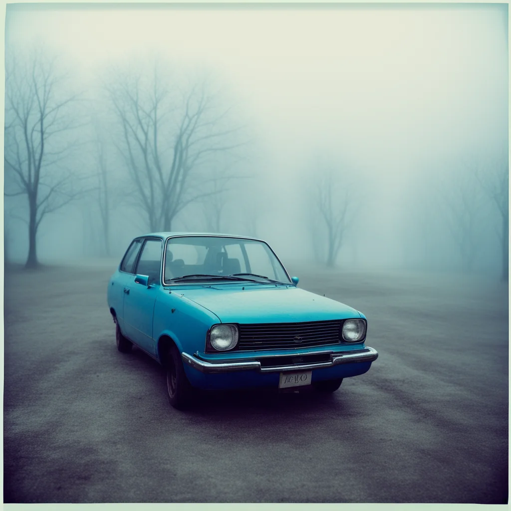 old blue nissan sunny at an empty foggy parking   uncanny polaroid