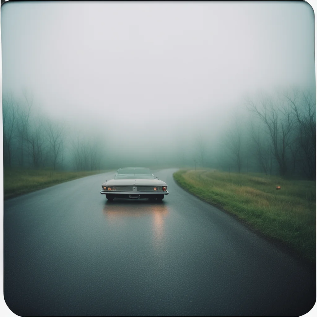 aiold diry car%2C  long winding road%2C uncanny%2C gas station. foggy rainy evening   instax amazing awesome portrait 2