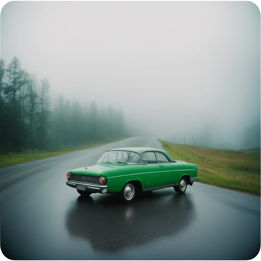 aiold diry car%2C  long winding road%2C uncanny%2C gas station. foggy rainy evening   instax good looking trending fantastic 1