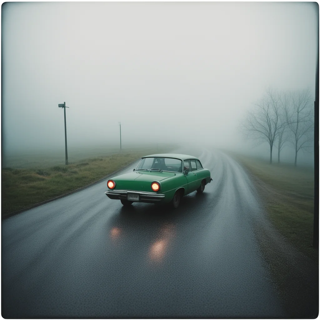 aiold diry car%2C  long winding road%2C uncanny%2C gas station. foggy rainy evening   instax